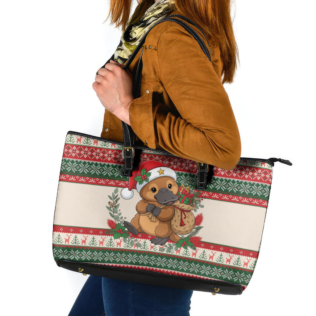 Aussie Platypus Christmas Leather Tote Bag Festive Knitted Pattern Inspired