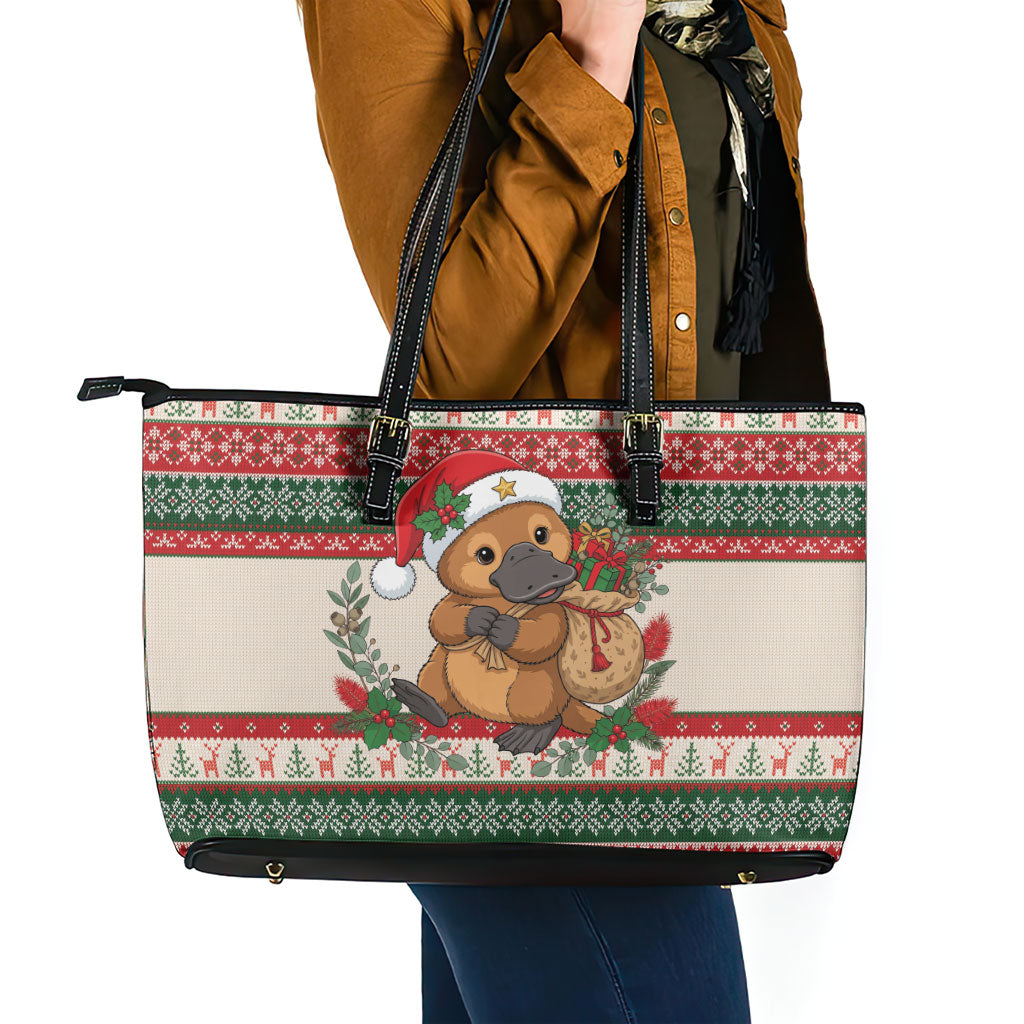 Aussie Platypus Christmas Leather Tote Bag Festive Knitted Pattern Inspired