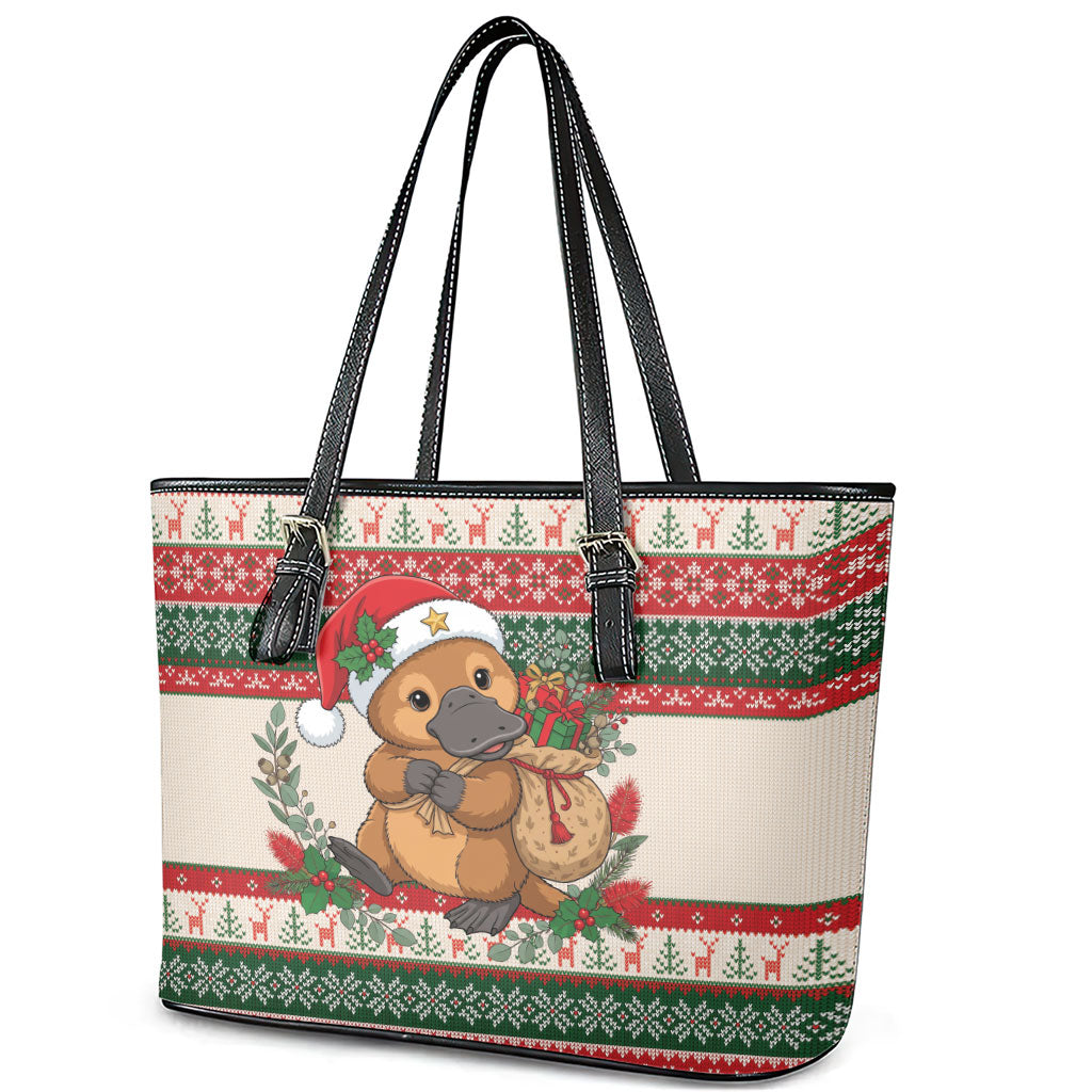 Aussie Platypus Christmas Leather Tote Bag Festive Knitted Pattern Inspired