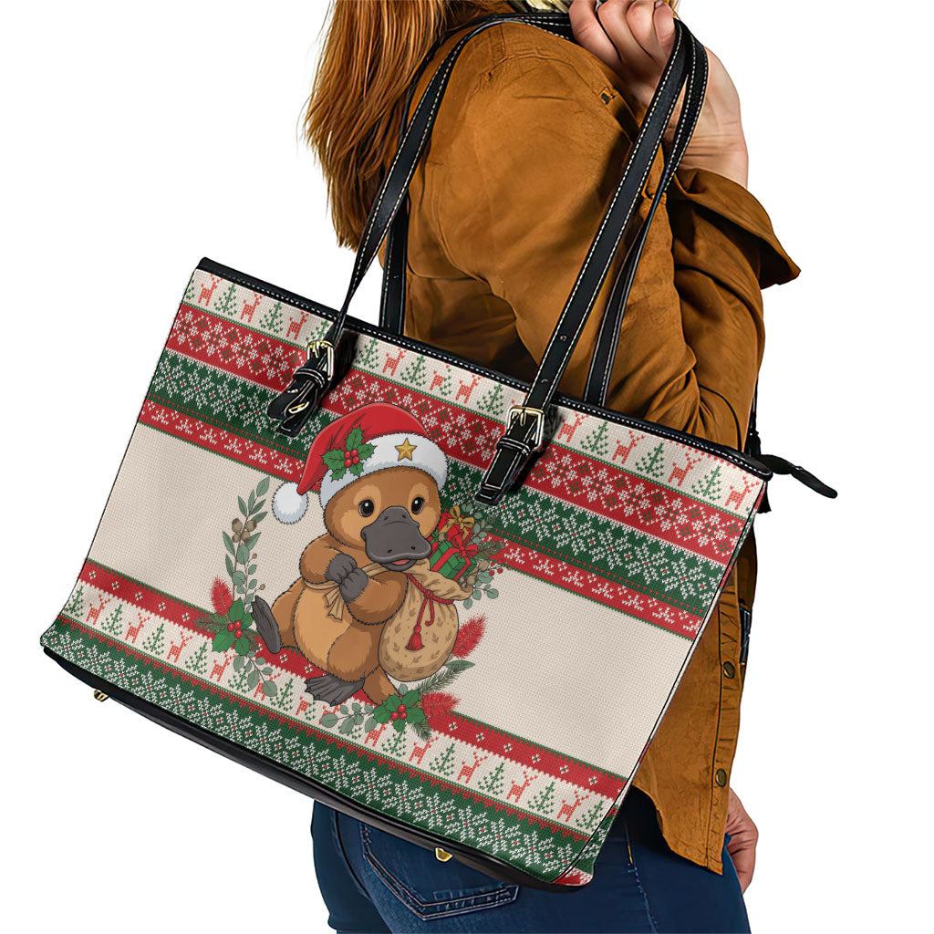 Aussie Platypus Christmas Leather Tote Bag Festive Knitted Pattern Inspired
