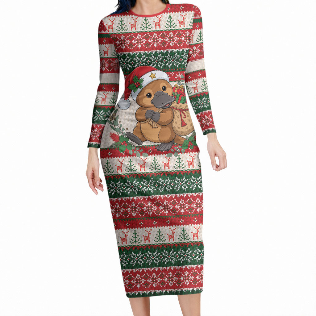 Aussie Platypus Christmas Long Sleeve Bodycon Dress Festive Knitted Pattern Inspired