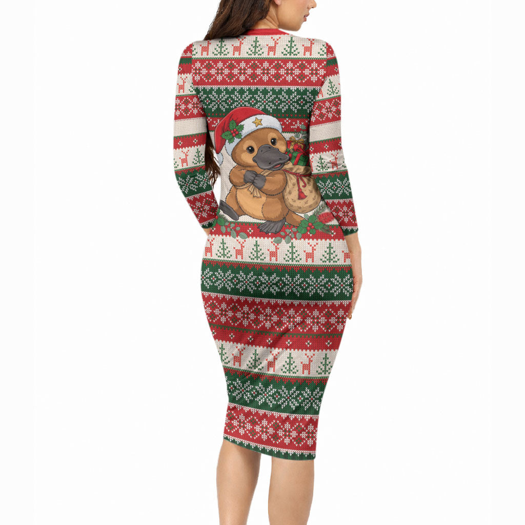 Aussie Platypus Christmas Long Sleeve Bodycon Dress Festive Knitted Pattern Inspired