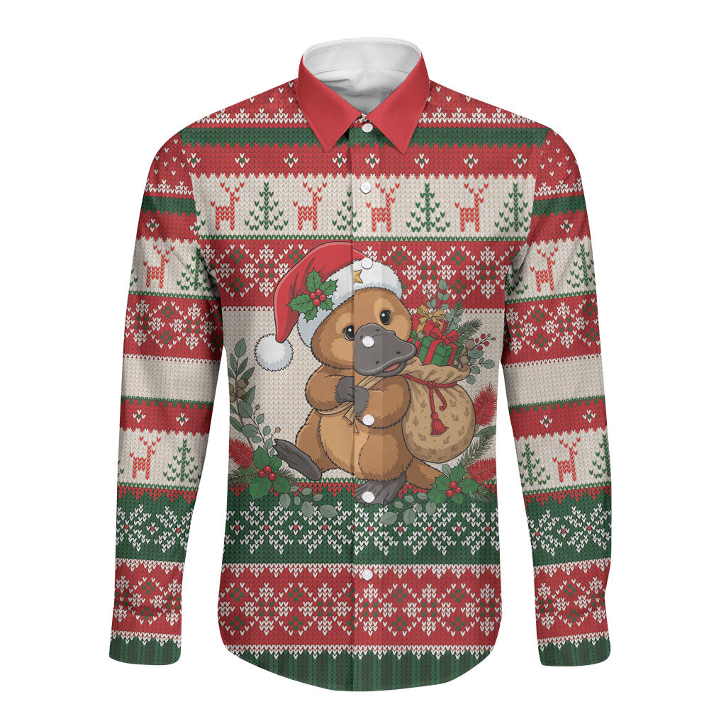 Aussie Platypus Christmas Long Sleeve Button Shirt Festive Knitted Pattern Inspired