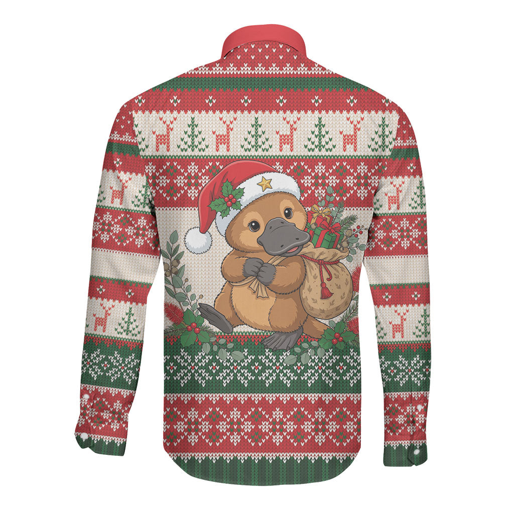 Aussie Platypus Christmas Long Sleeve Button Shirt Festive Knitted Pattern Inspired
