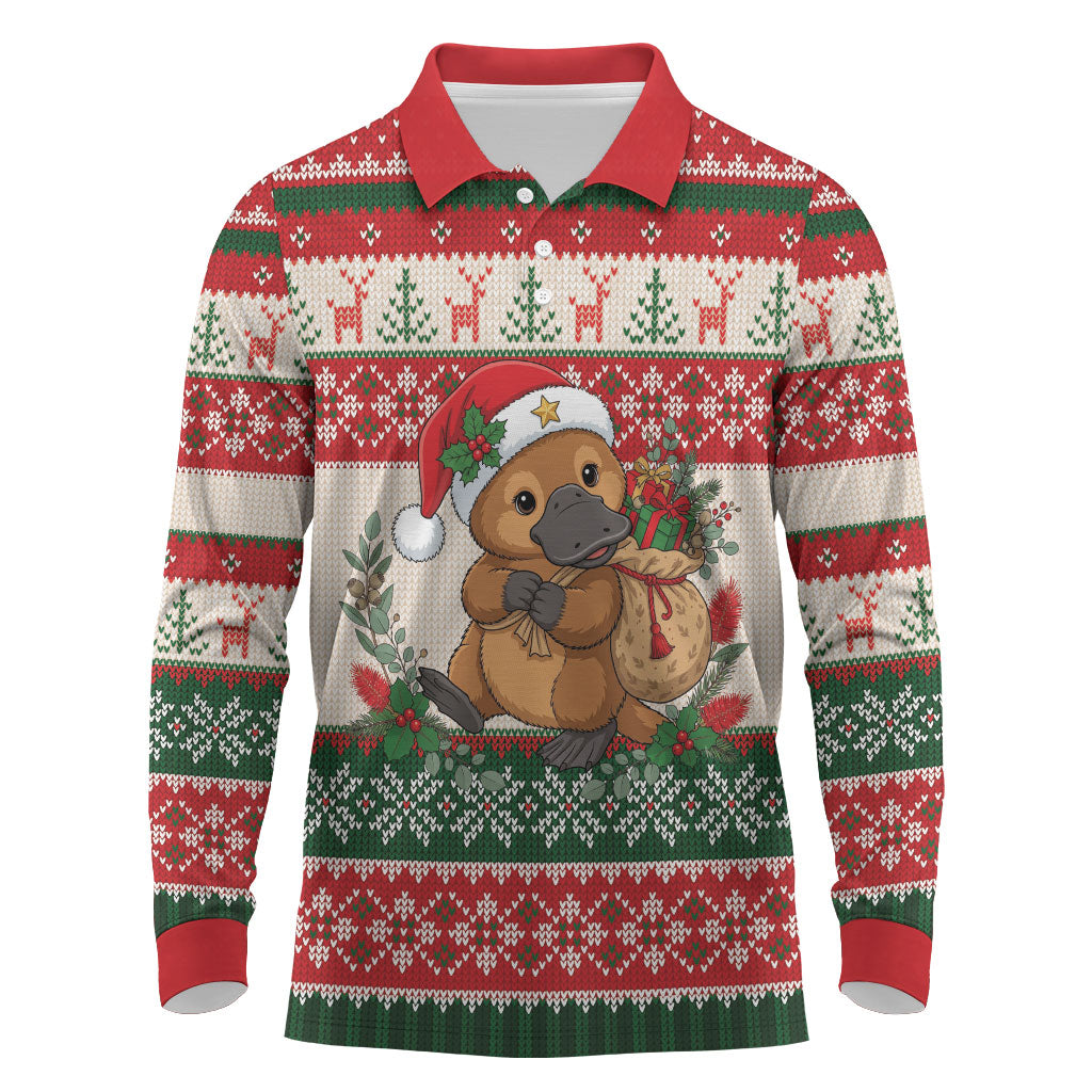 Aussie Platypus Christmas Long Sleeve Polo Shirt Festive Knitted Pattern Inspired