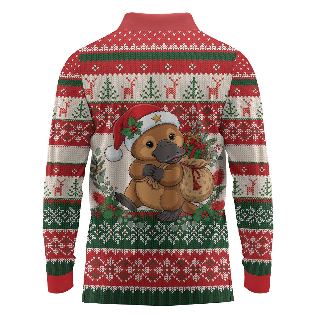 Aussie Platypus Christmas Long Sleeve Polo Shirt Festive Knitted Pattern Inspired