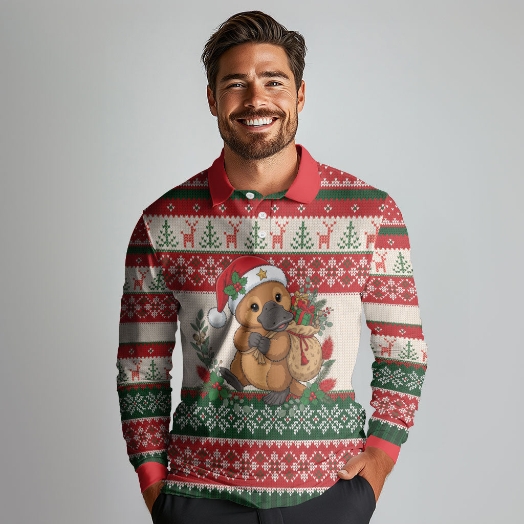 Aussie Platypus Christmas Long Sleeve Polo Shirt Festive Knitted Pattern Inspired