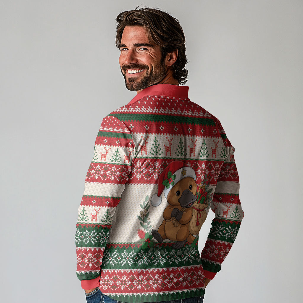 Aussie Platypus Christmas Long Sleeve Polo Shirt Festive Knitted Pattern Inspired