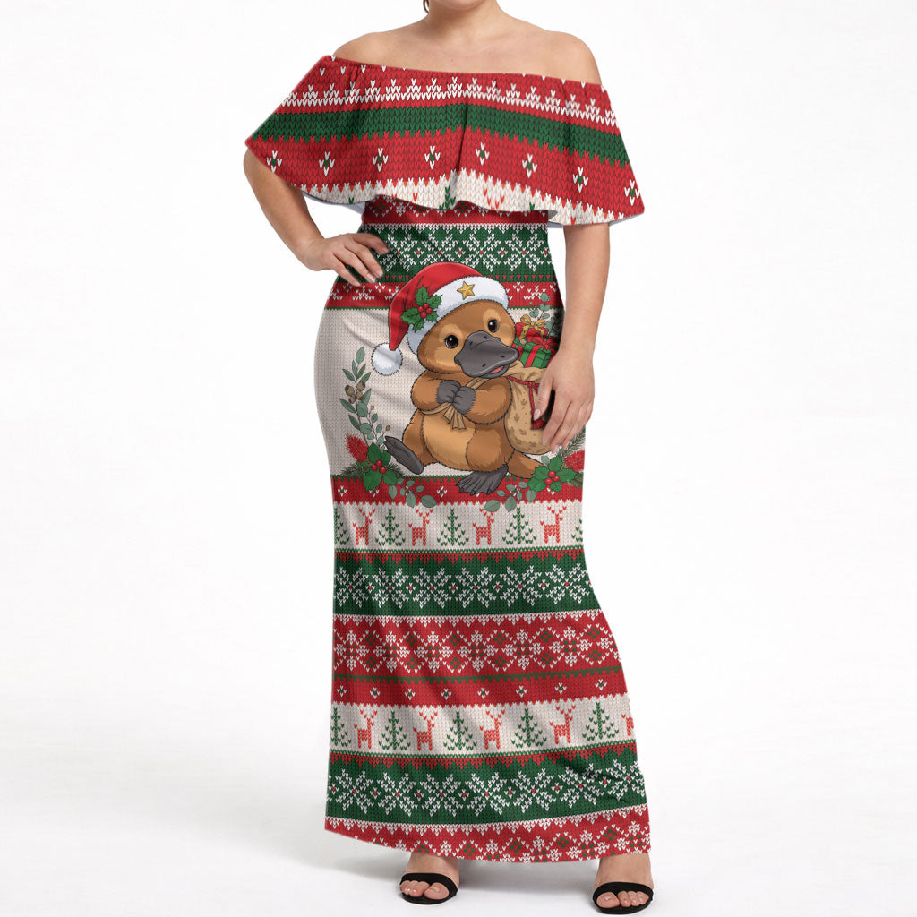 Aussie Platypus Christmas Off Shoulder Maxi Dress Festive Knitted Pattern Inspired