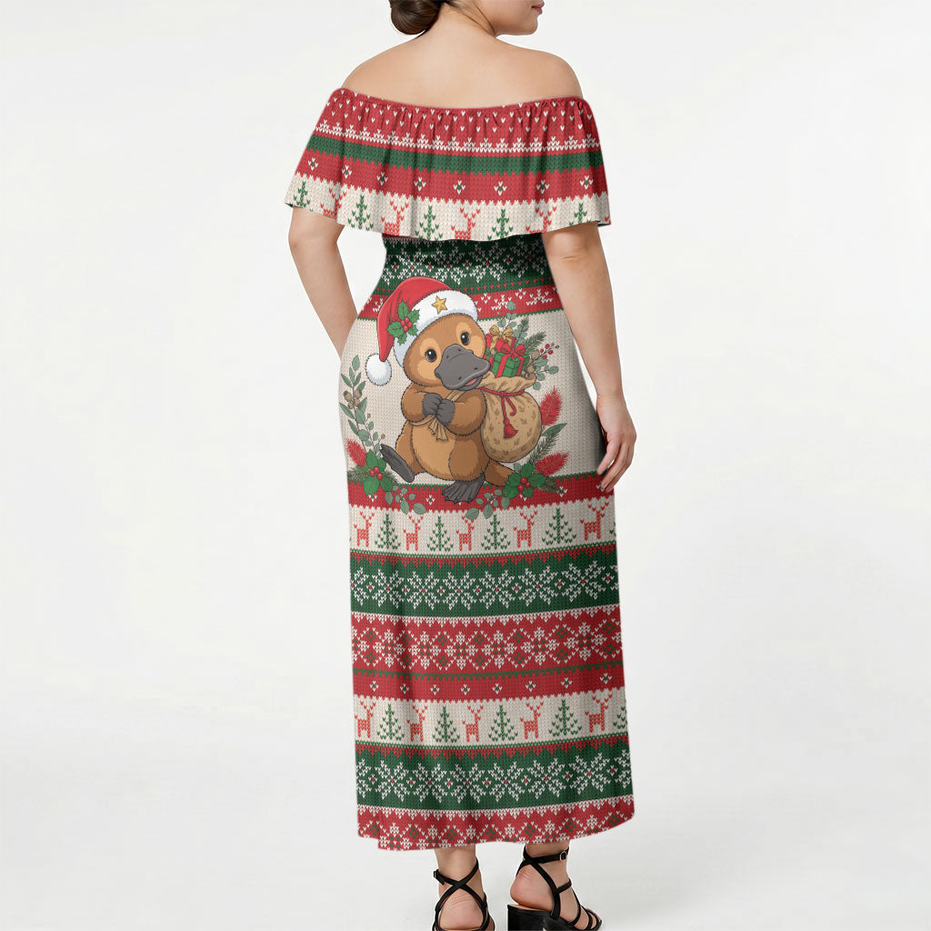Aussie Platypus Christmas Off Shoulder Maxi Dress Festive Knitted Pattern Inspired