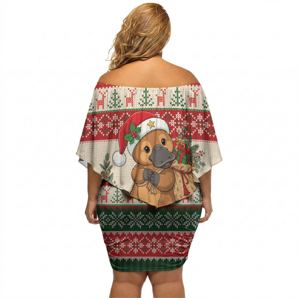 Aussie Platypus Christmas Off Shoulder Short Dress Festive Knitted Pattern Inspired