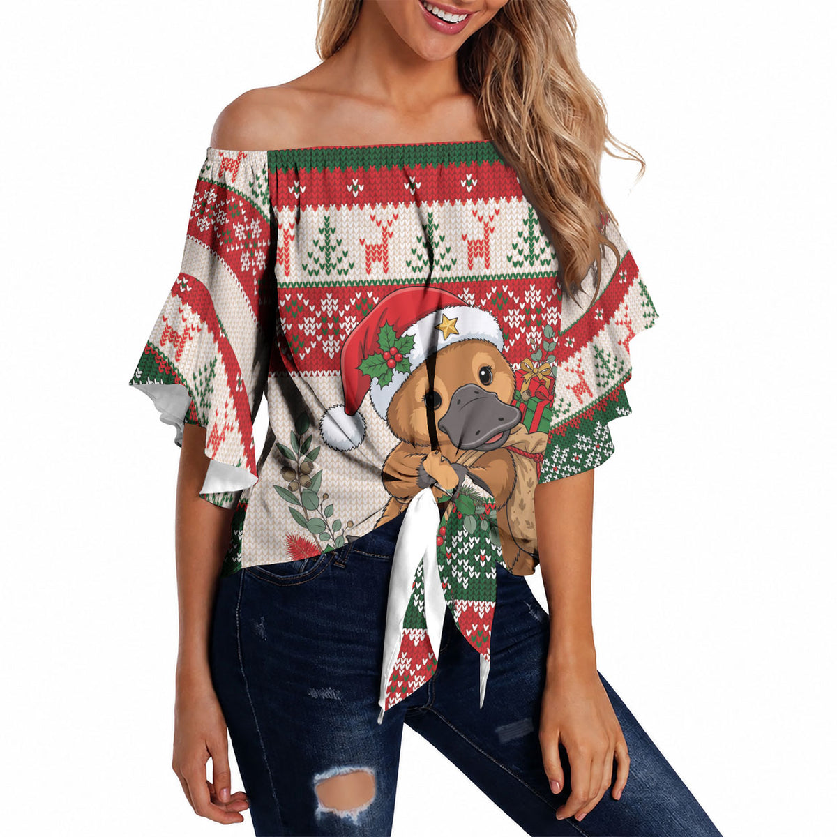Aussie Platypus Christmas Off Shoulder Wrap Waist Top Festive Knitted Pattern Inspired