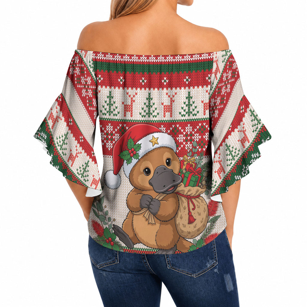 Aussie Platypus Christmas Off Shoulder Wrap Waist Top Festive Knitted Pattern Inspired
