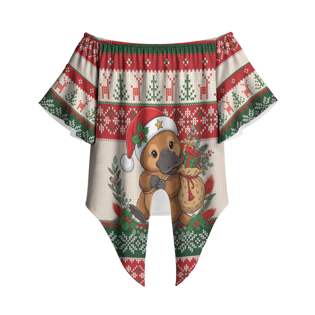 Aussie Platypus Christmas Off Shoulder Wrap Waist Top Festive Knitted Pattern Inspired