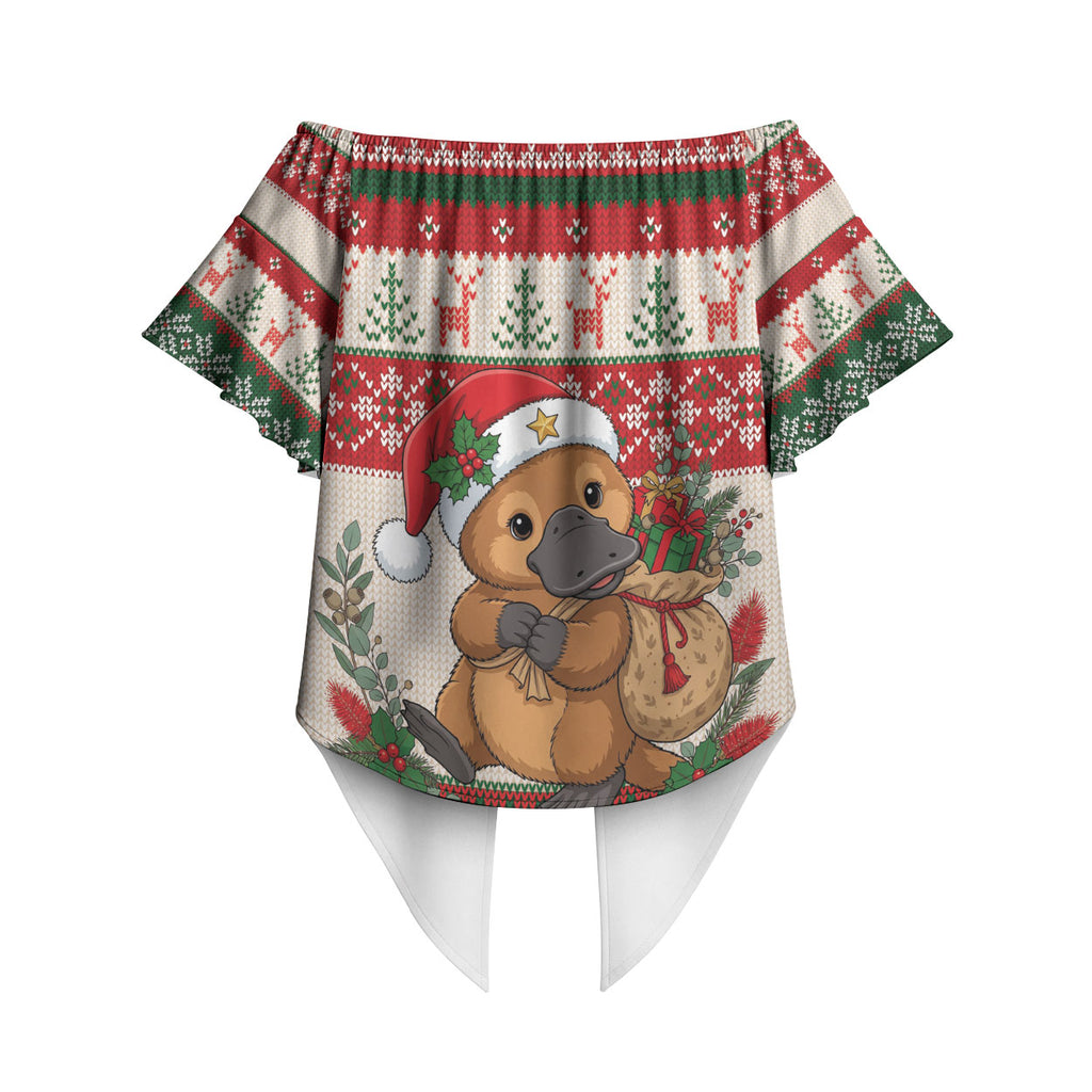 Aussie Platypus Christmas Off Shoulder Wrap Waist Top Festive Knitted Pattern Inspired
