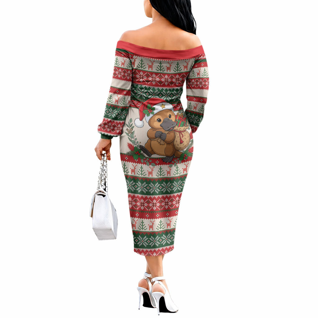 Aussie Platypus Christmas Off The Shoulder Long Sleeve Dress Festive Knitted Pattern Inspired