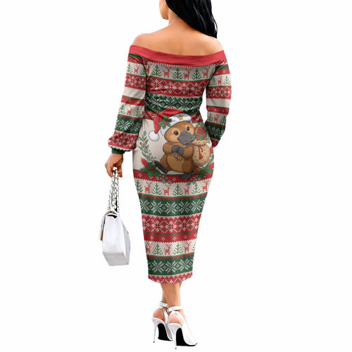 Aussie Platypus Christmas Off The Shoulder Long Sleeve Dress Festive Knitted Pattern Inspired