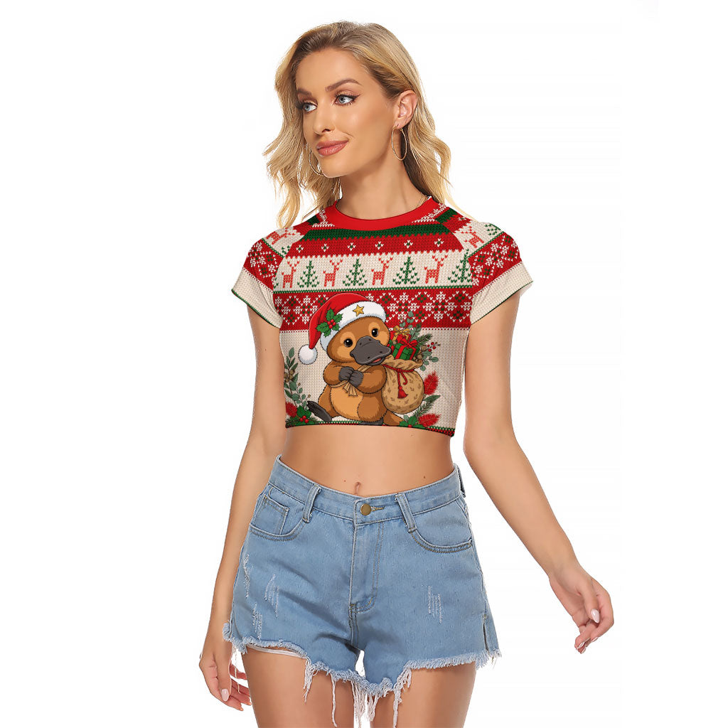 Aussie Platypus Christmas Raglan Cropped T Shirt Festive Knitted Pattern Inspired
