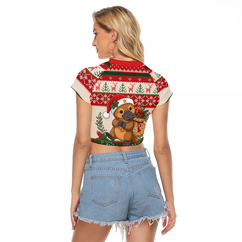 Aussie Platypus Christmas Raglan Cropped T Shirt Festive Knitted Pattern Inspired