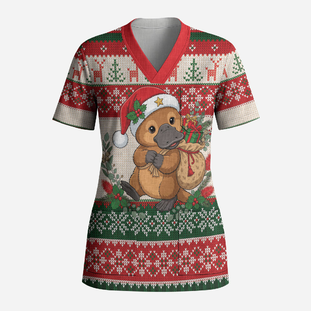 Aussie Platypus Christmas Scrub Top Festive Knitted Pattern Inspired