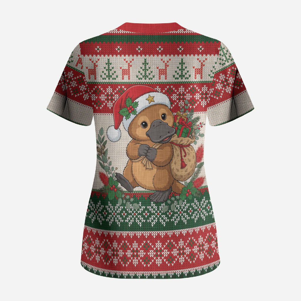 Aussie Platypus Christmas Scrub Top Festive Knitted Pattern Inspired
