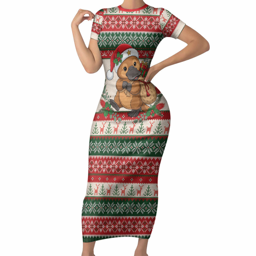 Aussie Platypus Christmas Short Sleeve Bodycon Dress Festive Knitted Pattern Inspired