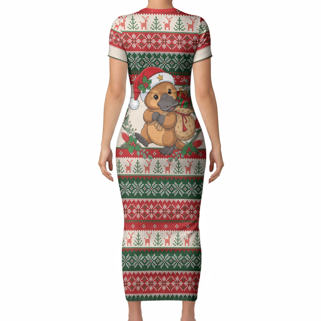 Aussie Platypus Christmas Short Sleeve Bodycon Dress Festive Knitted Pattern Inspired