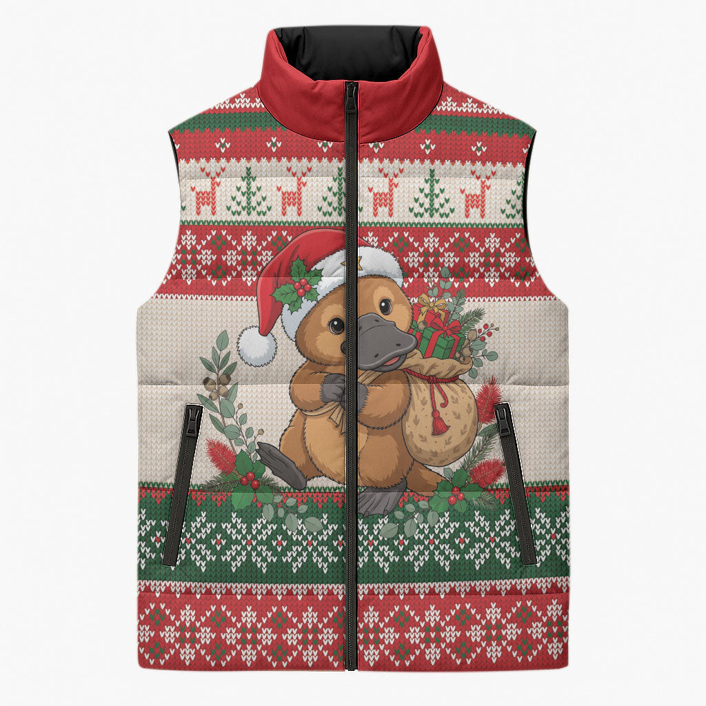 Aussie Platypus Christmas Sleeveless Puffer Jacket Festive Knitted Pattern Inspired
