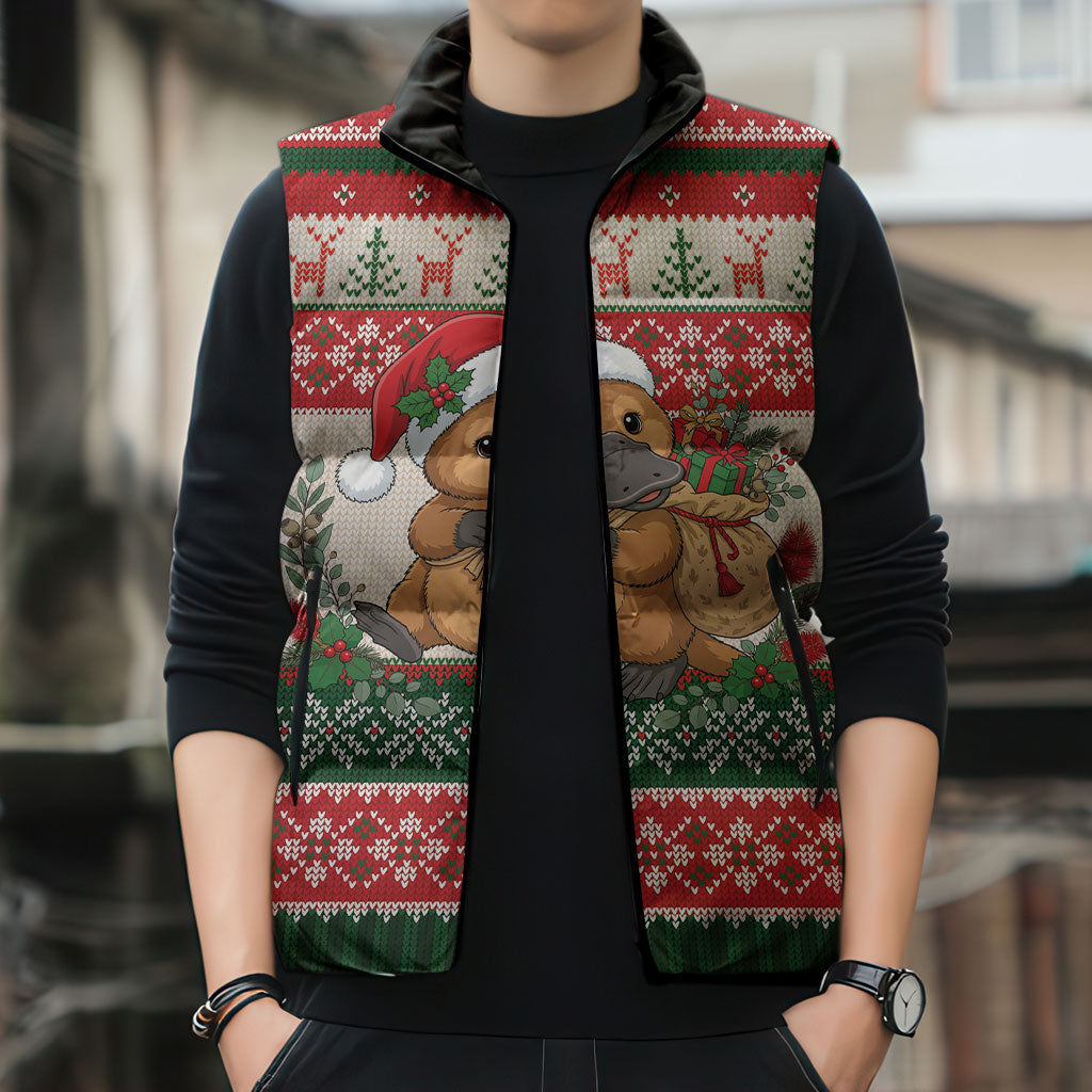 Aussie Platypus Christmas Sleeveless Puffer Jacket Festive Knitted Pattern Inspired