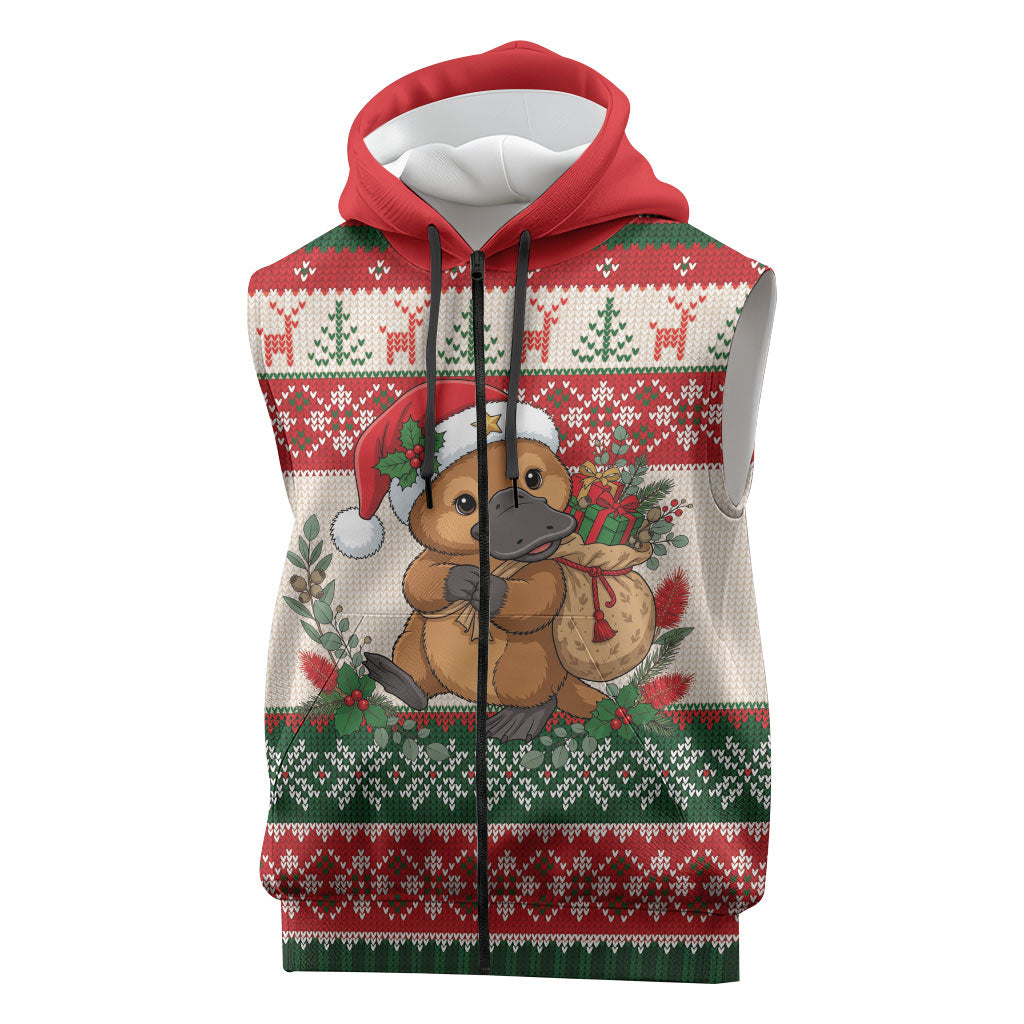 Aussie Platypus Christmas Sleeveless Zip Hoodie Festive Knitted Pattern Inspired