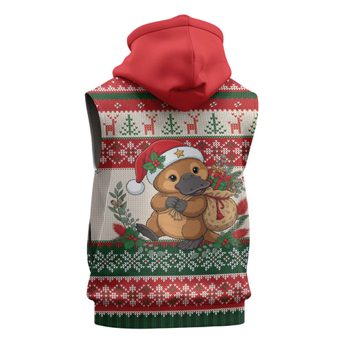 Aussie Platypus Christmas Sleeveless Zip Hoodie Festive Knitted Pattern Inspired