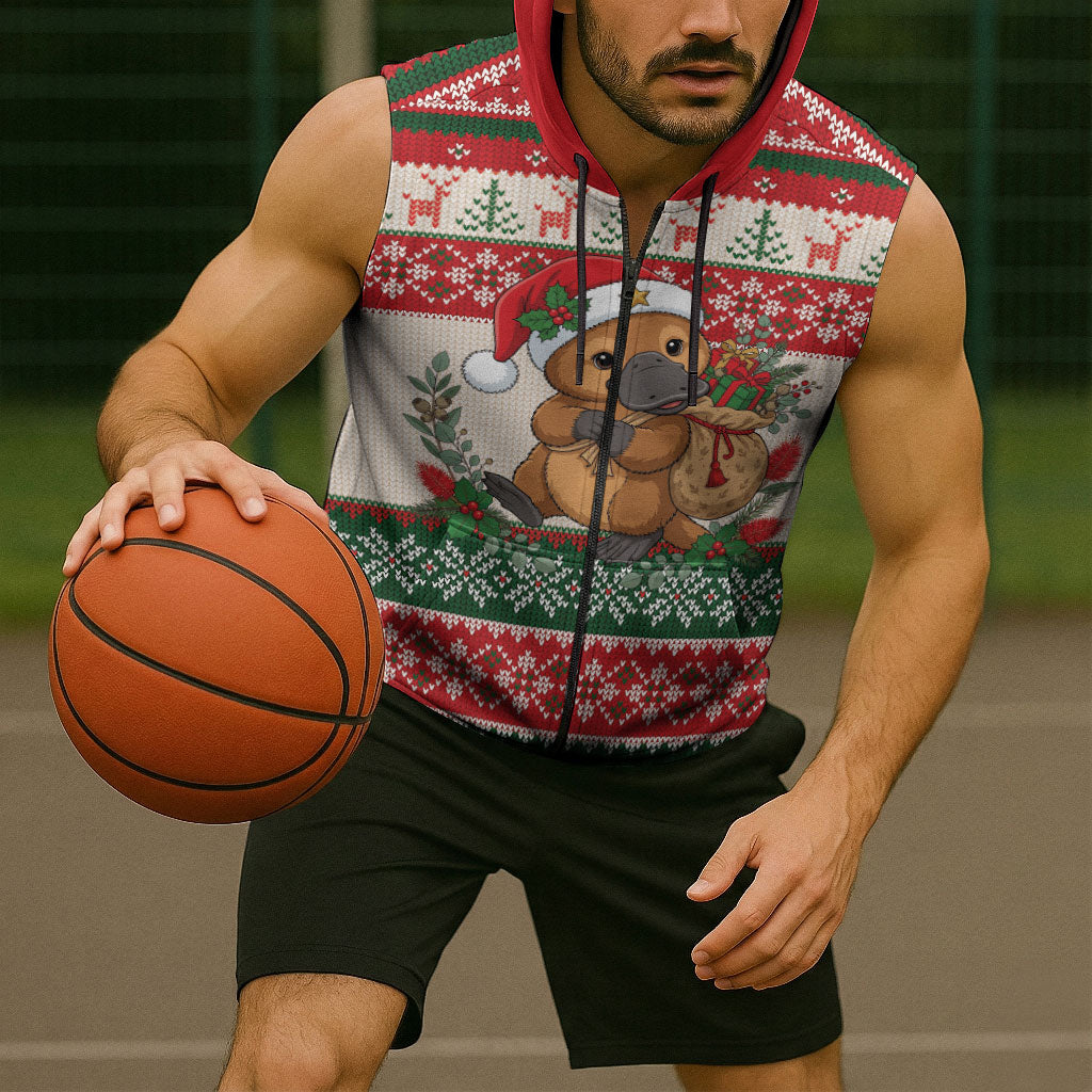 Aussie Platypus Christmas Sleeveless Zip Hoodie Festive Knitted Pattern Inspired