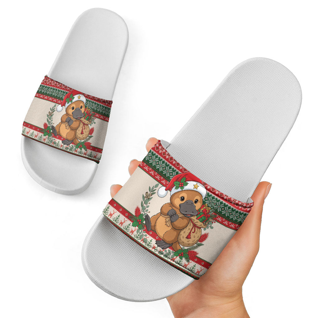 Aussie Platypus Christmas Slide Sandals Festive Knitted Pattern Inspired