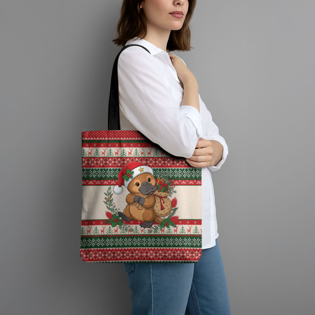 Aussie Platypus Christmas Tote Bag Festive Knitted Pattern Inspired