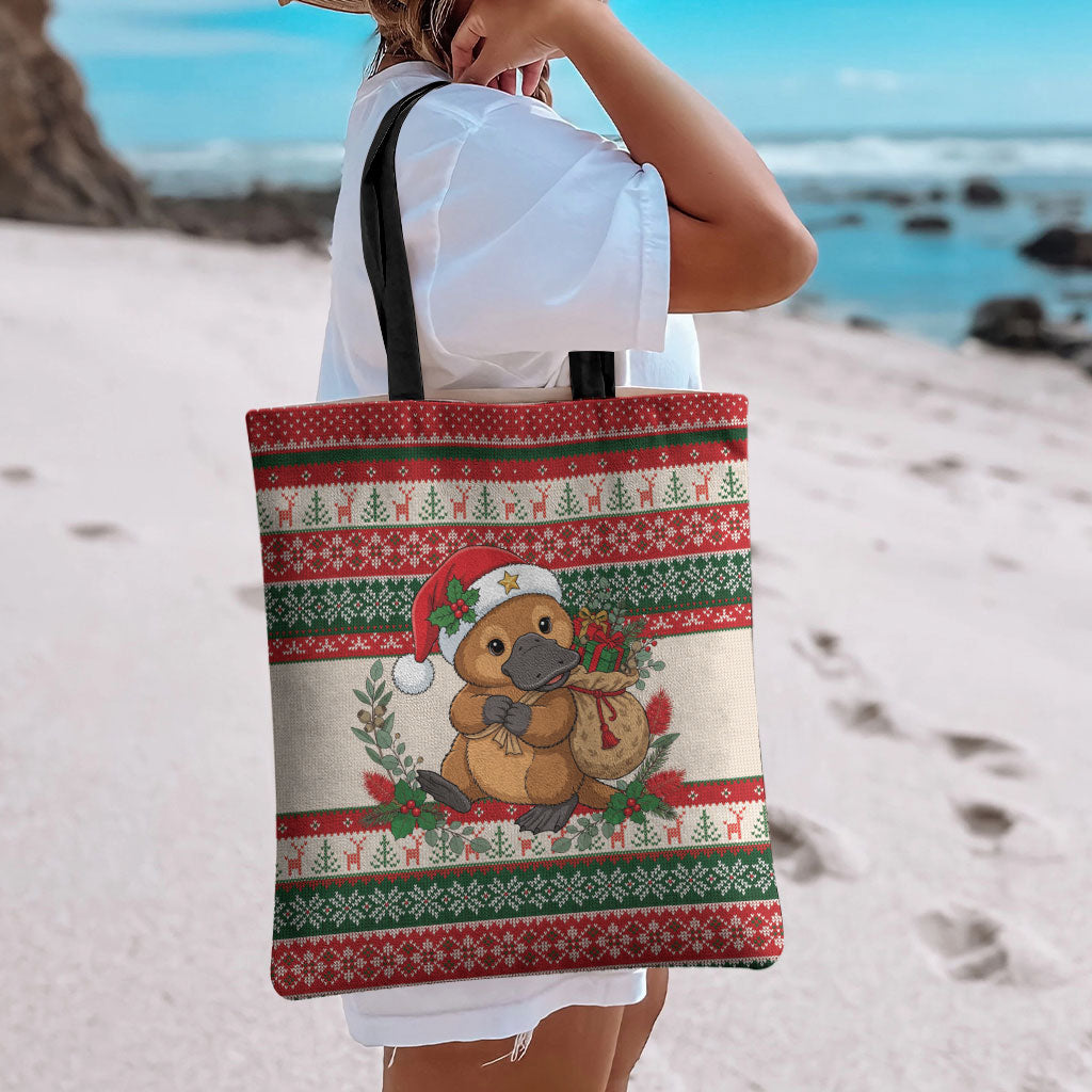 Aussie Platypus Christmas Tote Bag Festive Knitted Pattern Inspired