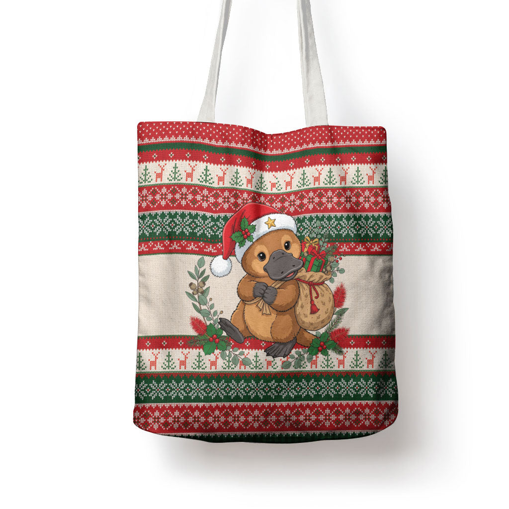 Aussie Platypus Christmas Tote Bag Festive Knitted Pattern Inspired