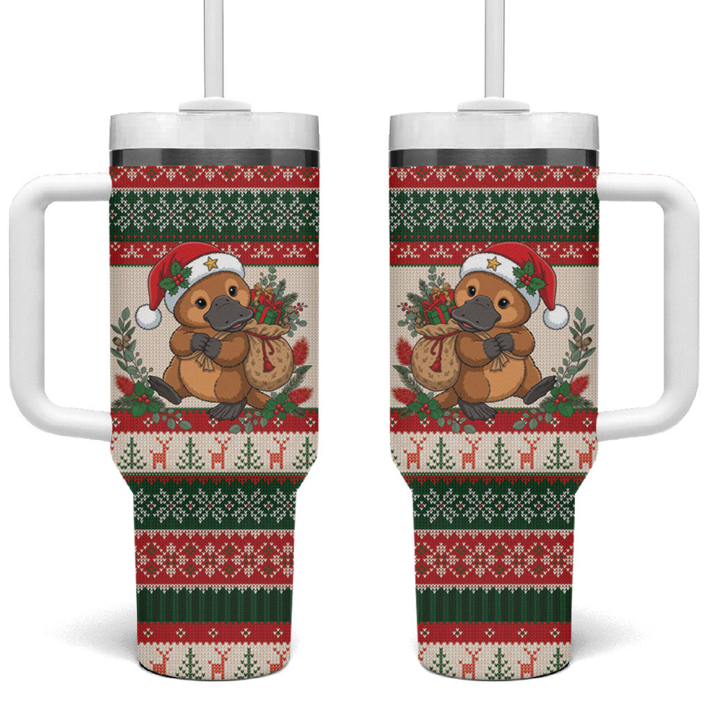Aussie Platypus Christmas Tumbler With Handle Festive Knitted Pattern Inspired