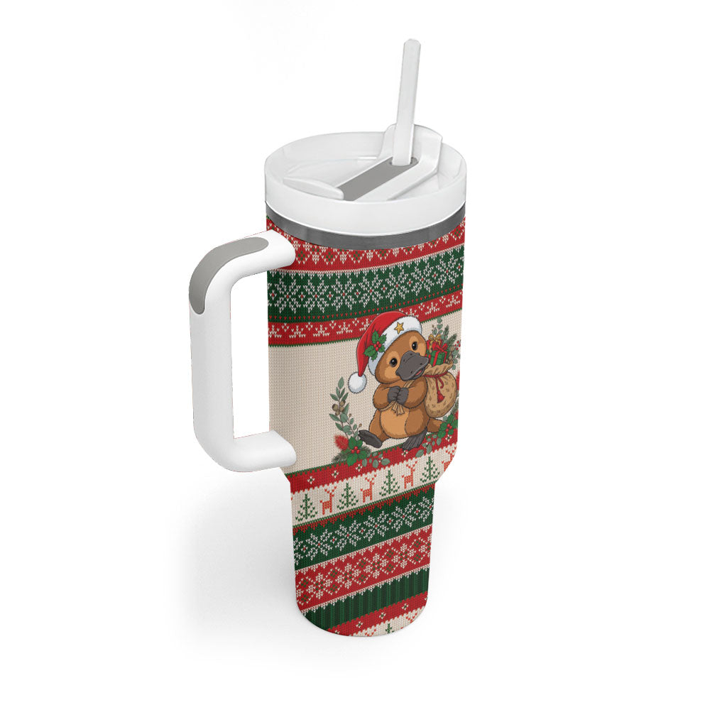 Aussie Platypus Christmas Tumbler With Handle Festive Knitted Pattern Inspired