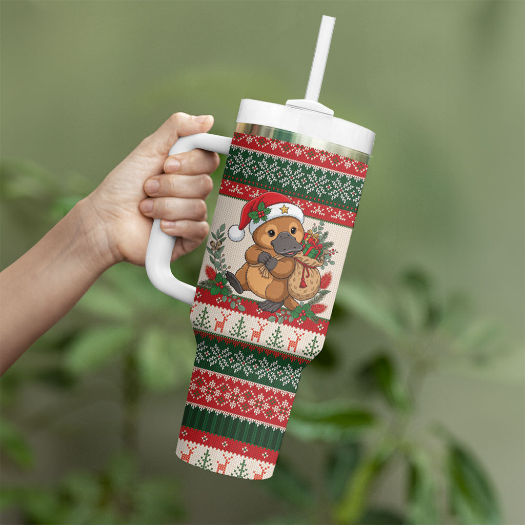 Aussie Platypus Christmas Tumbler With Handle Festive Knitted Pattern Inspired