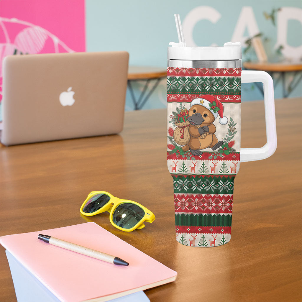 Aussie Platypus Christmas Tumbler With Handle Festive Knitted Pattern Inspired
