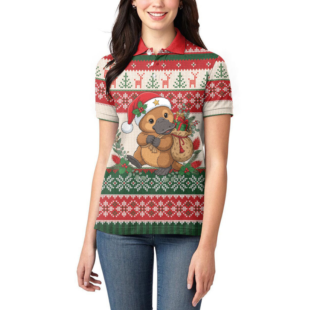 Aussie Platypus Christmas Women Polo Shirt Festive Knitted Pattern Inspired