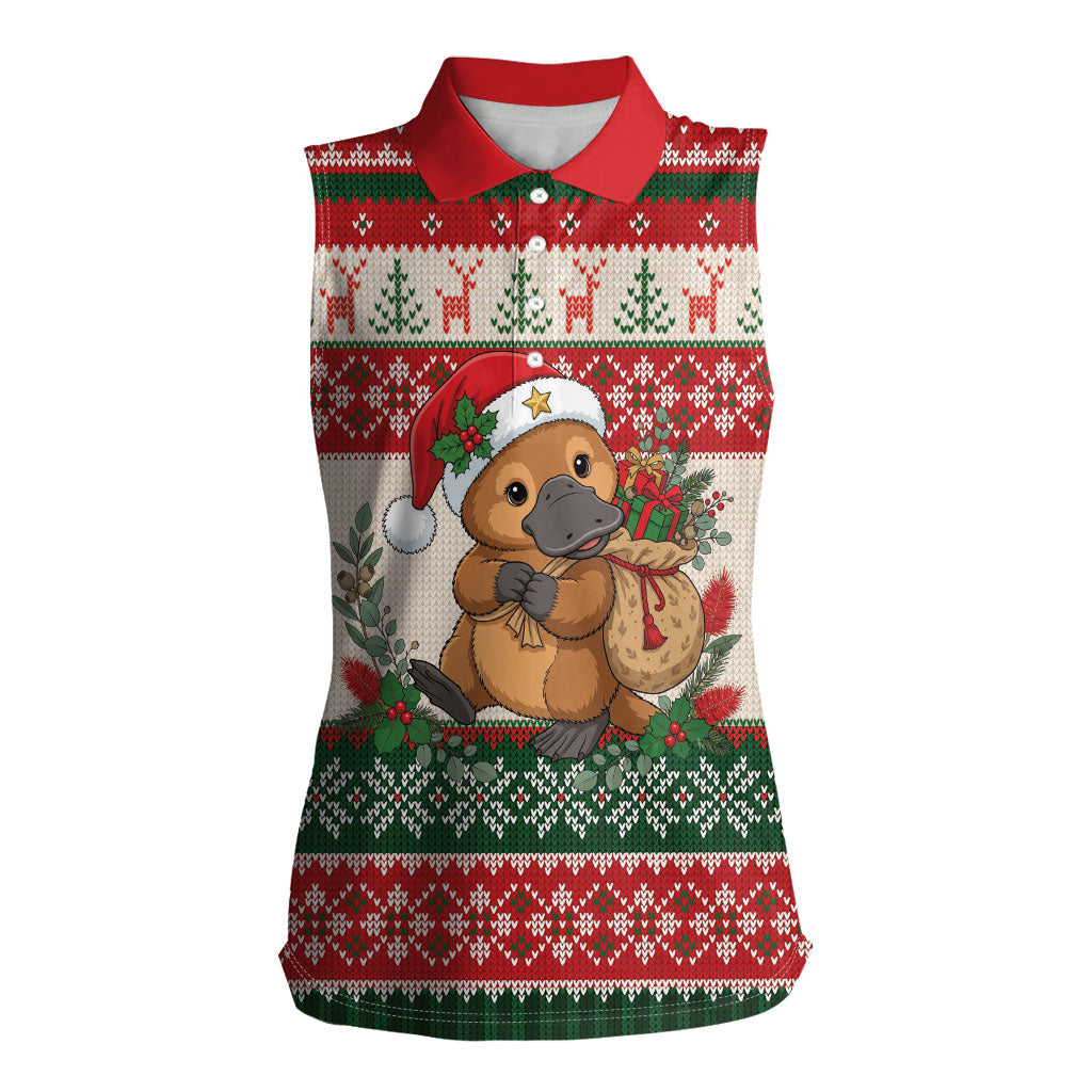 Aussie Platypus Christmas Women Sleeveless Polo Shirt Festive Knitted Pattern Inspired