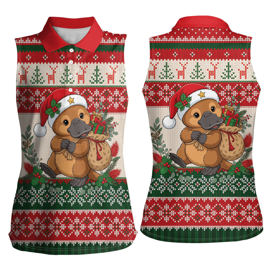 Aussie Platypus Christmas Women Sleeveless Polo Shirt Festive Knitted Pattern Inspired
