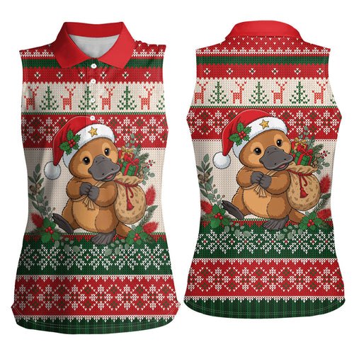Aussie Platypus Christmas Women Sleeveless Polo Shirt Festive Knitted Pattern Inspired