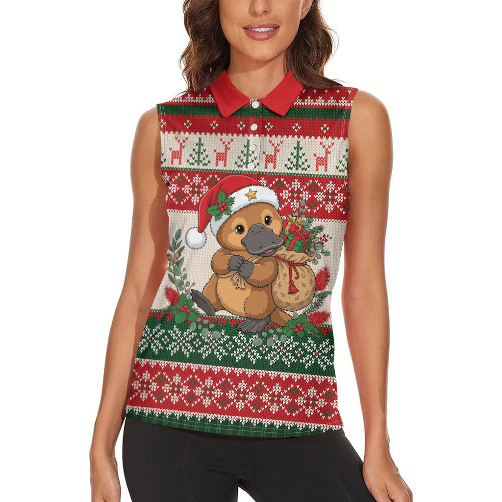 Aussie Platypus Christmas Women Sleeveless Polo Shirt Festive Knitted Pattern Inspired