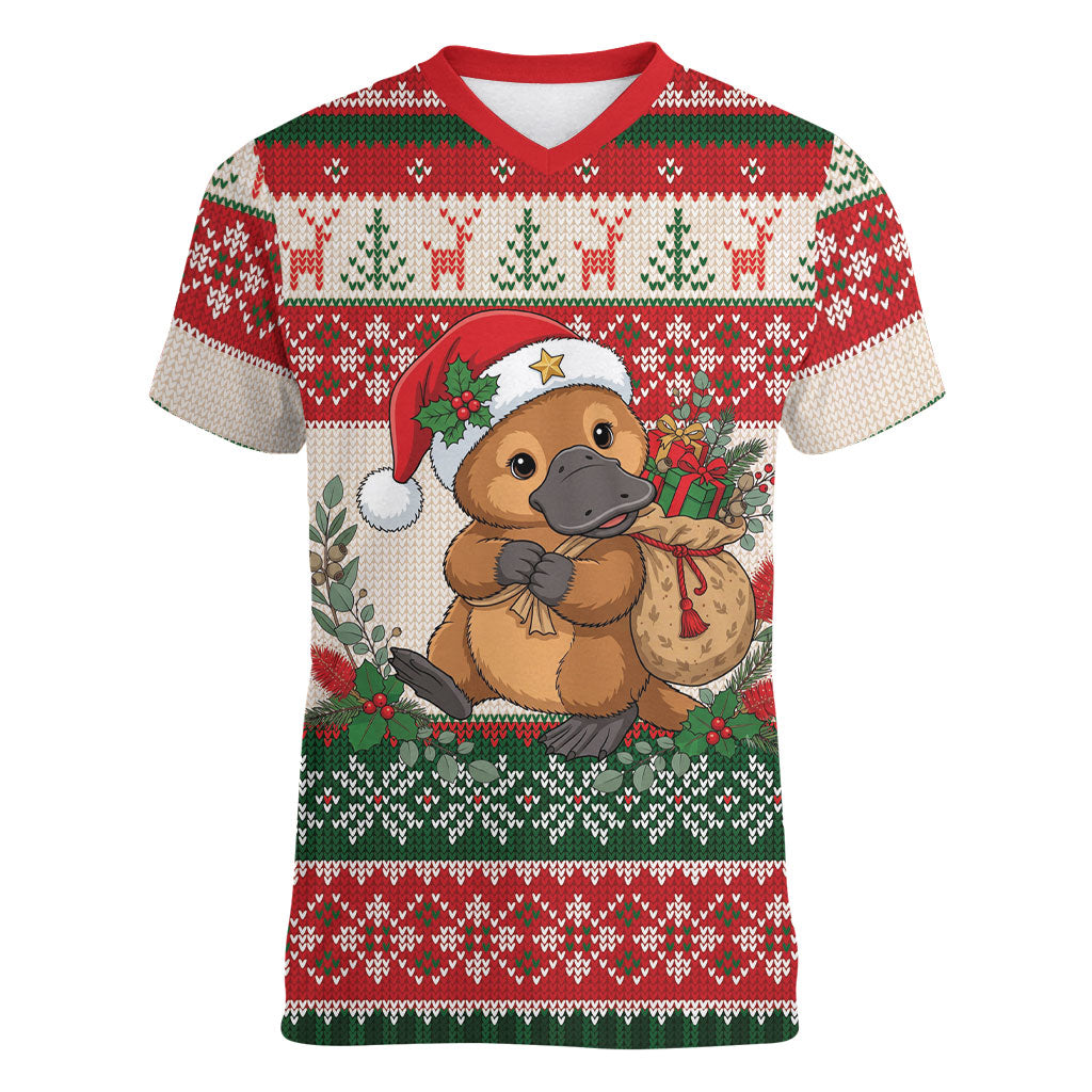 Aussie Platypus Christmas Women V-Neck T-Shirt Festive Knitted Pattern Inspired