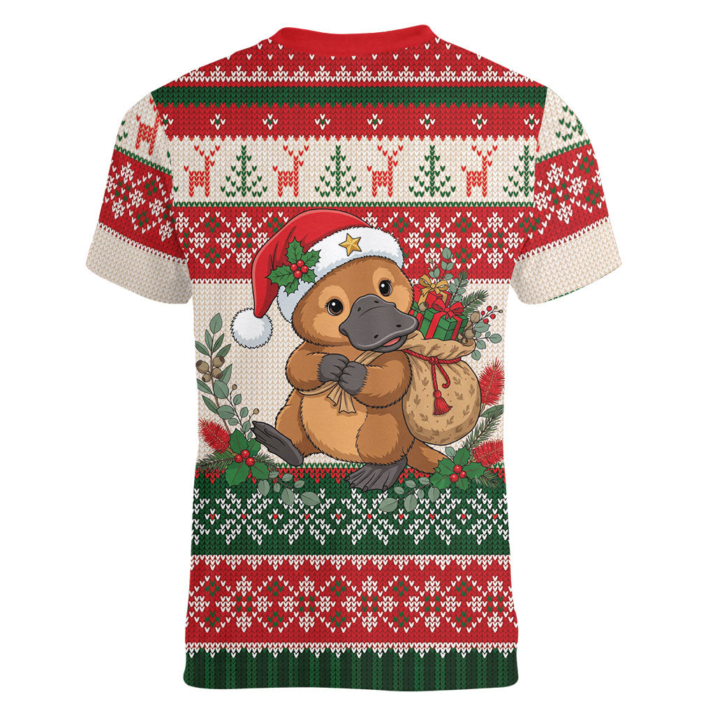 Aussie Platypus Christmas Women V-Neck T-Shirt Festive Knitted Pattern Inspired