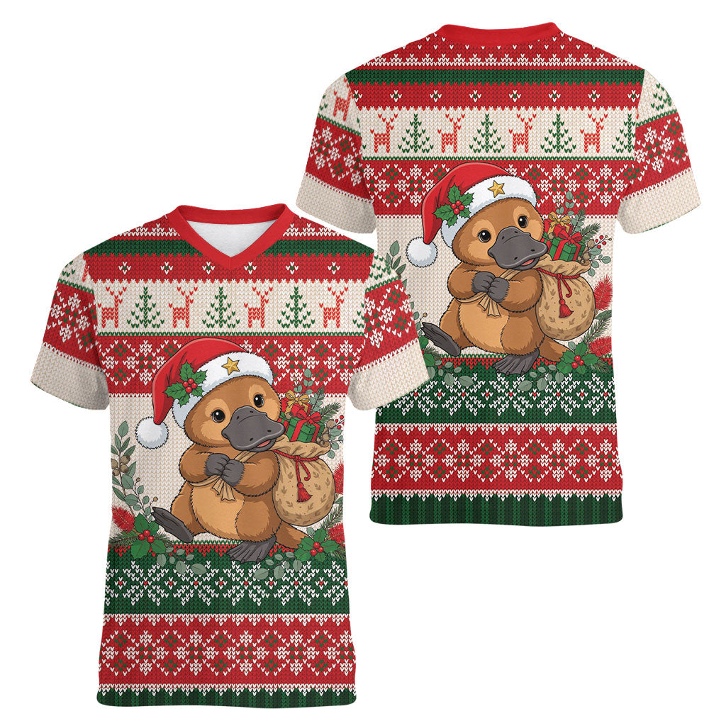 Aussie Platypus Christmas Women V-Neck T-Shirt Festive Knitted Pattern Inspired