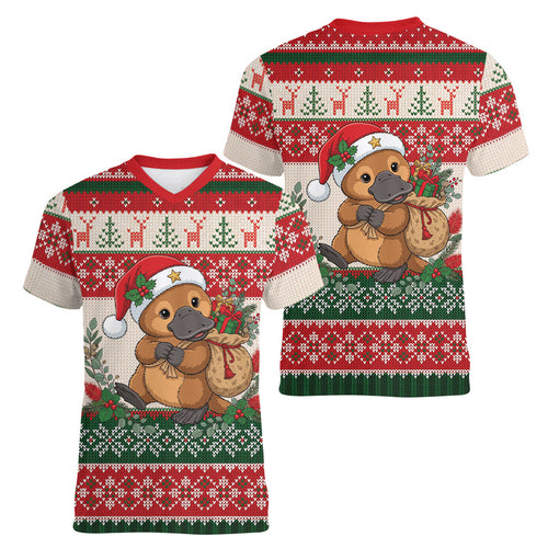 Aussie Platypus Christmas Women V-Neck T-Shirt Festive Knitted Pattern Inspired