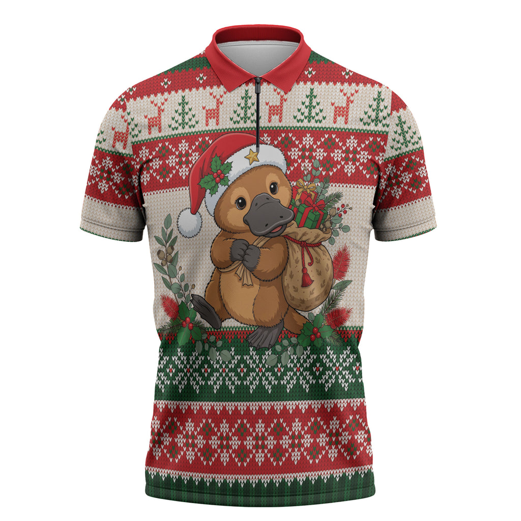 Aussie Platypus Christmas Zipper Polo Shirt Festive Knitted Pattern Inspired